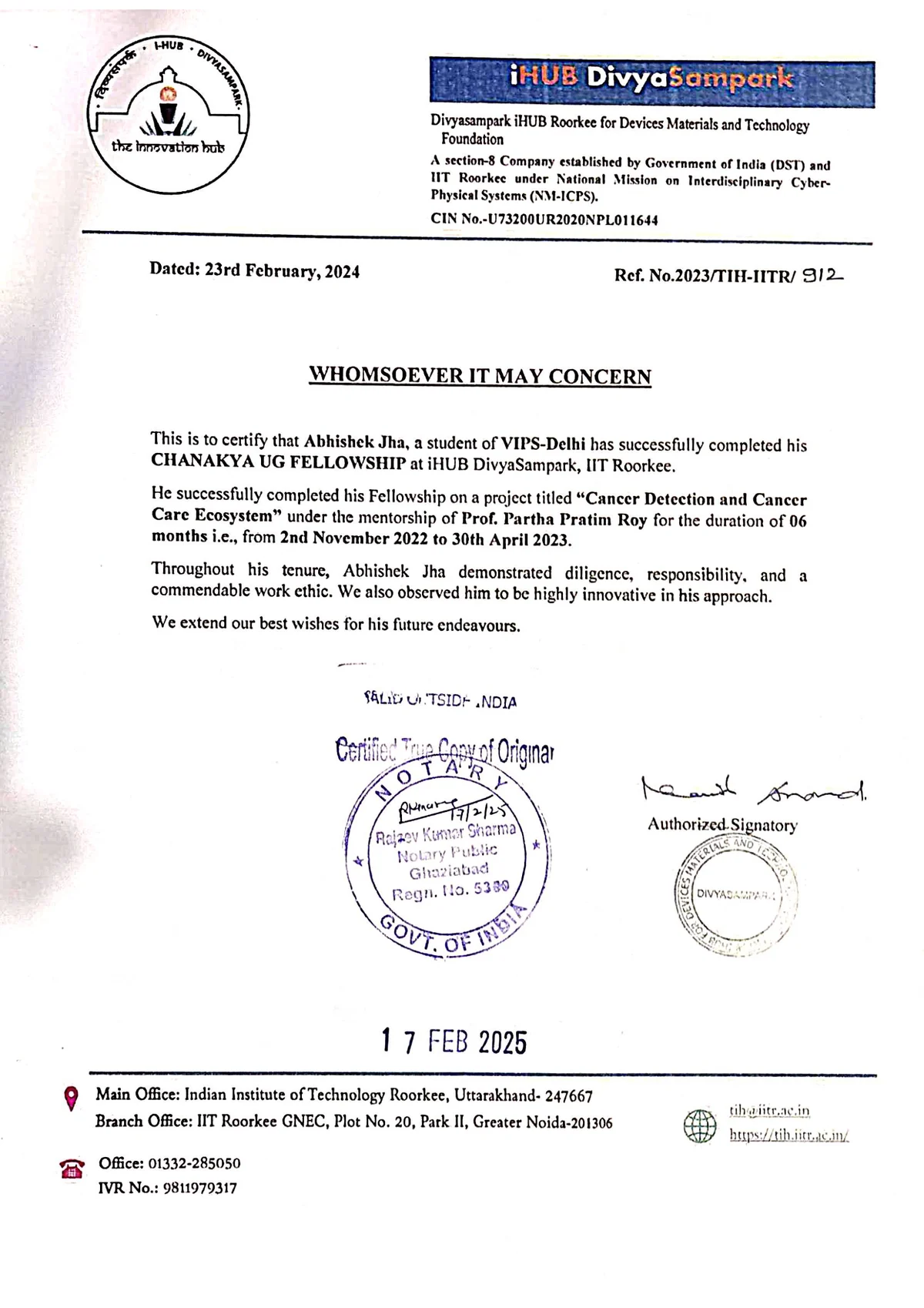 Chanakya UG Fellowship certificate: Abhishek Jha completed the fellowship on Cancer Detection and Cancer Care Ecosystem under Prof. Partha Pratim Roy, 2 Nov 2022 to 30 Apr 2023