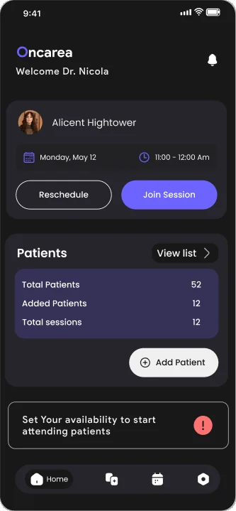 Doctor app home with the next session and patient totals