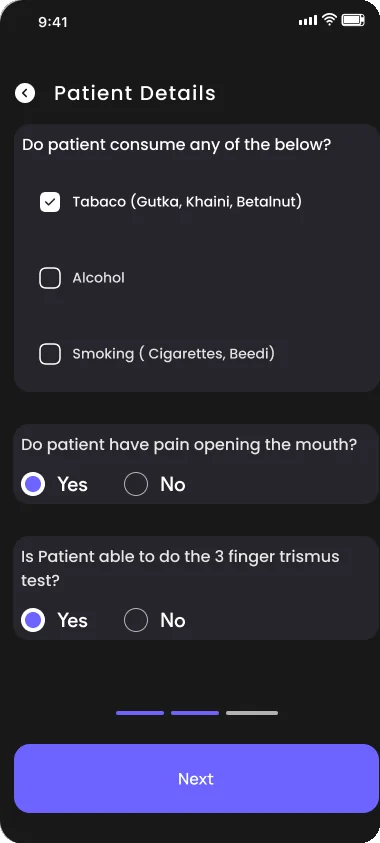 Doctor app: habit and symptom questions for a patient