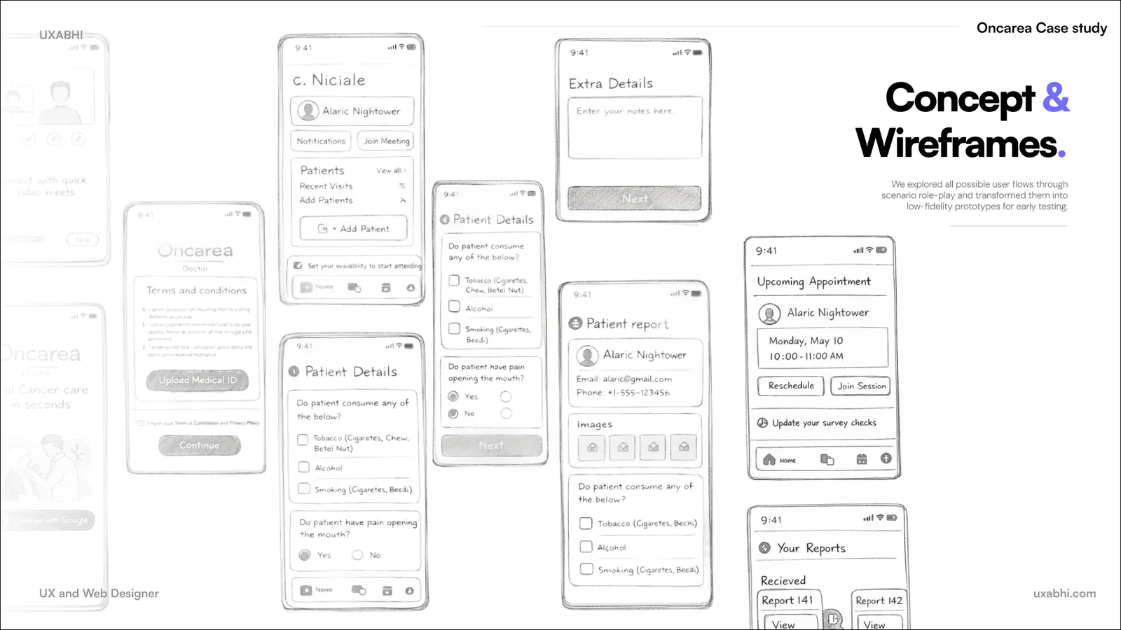 Pencil wireframes of the doctor home, patient details, patient report and appointment screens